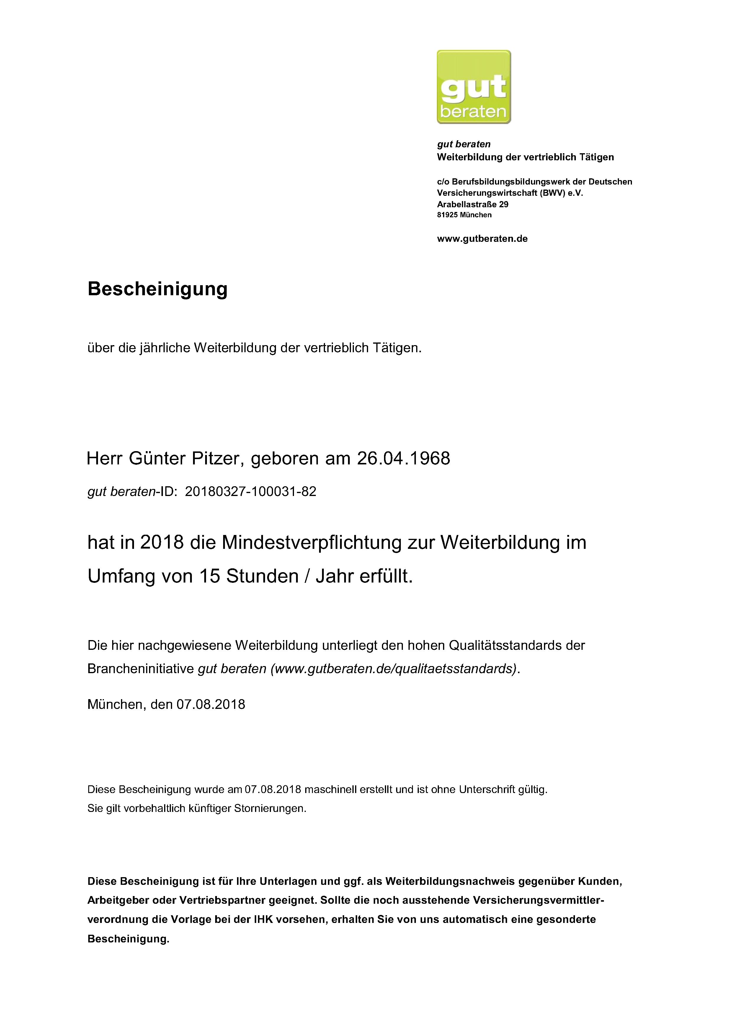 gut beraten Bescheinigung 2018 Gnter Pitzer